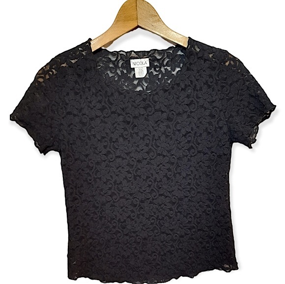 Vintage NICOLA Black Corded Lace Top Gothic Emo Romance M/L (See Measurements) - Picture 1 of 7